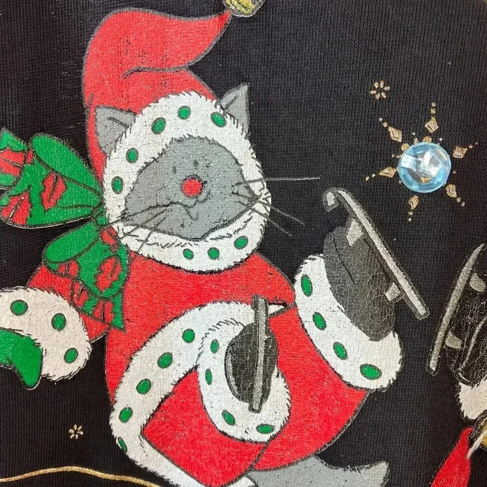 Marcy 'n Me Womens 90s Vintage Christmas Santa Claus Cats Shirt 1X Black XM EXC